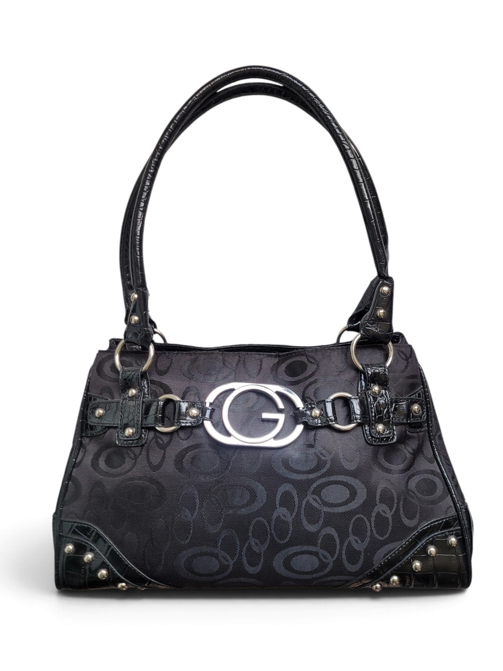 Vintage Y2K Gusacci Black Shoulder Bag McBling Faux Croc Studs